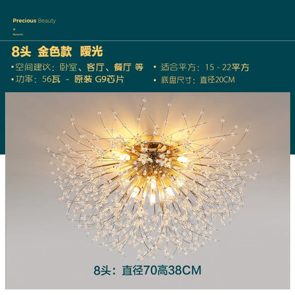 DecorBites™ Golden Dandelion Crystal Chandelier: Warm Nordic LED Ceiling Lamp for Romantic Living Room.