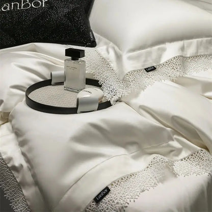 طقم مفروشات سرير DecorBites™ بحافة دانتيل فرنسية، قطن مصري 1000 خيط، مقاس كوين كينج، لحاف، ملاءة، أغطية وسائد