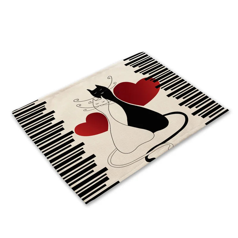 DecorBites™ Black Cat Linen Placemat Set for Dining Table & Kitchen Decor