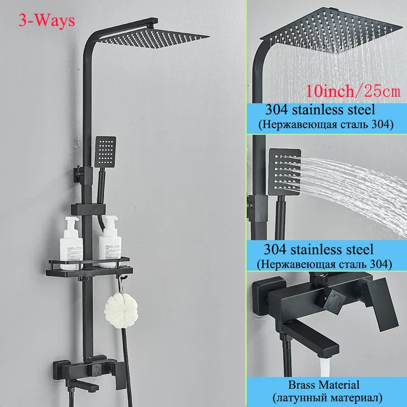 Juego de grifería para ducha DecorBites™ de latón negro con caño giratorio para bañera y columna de ducha tipo lluvia