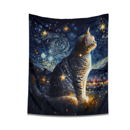 Decobites Starry Night Cat Tapestry: Moon Art Oil Painting Wall Hanging for Boho Home Decor