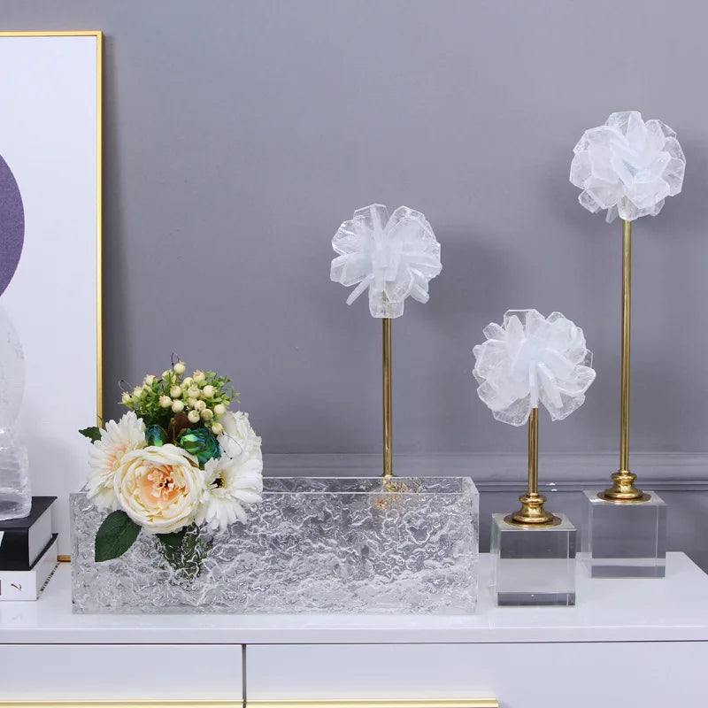 DecorBites™ Crystal Flower Glass Craft Hyalinite Sculpture Metal Decor Figurine