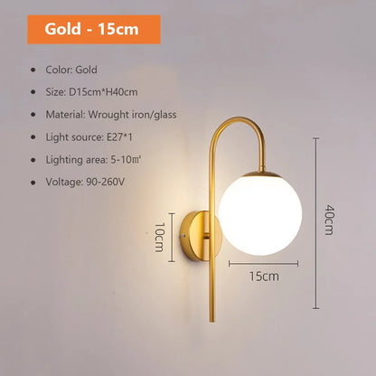 DecorBites™ Glass Shade Gold Wall Lamp Bedroom Bedside Spherical Aisle Light