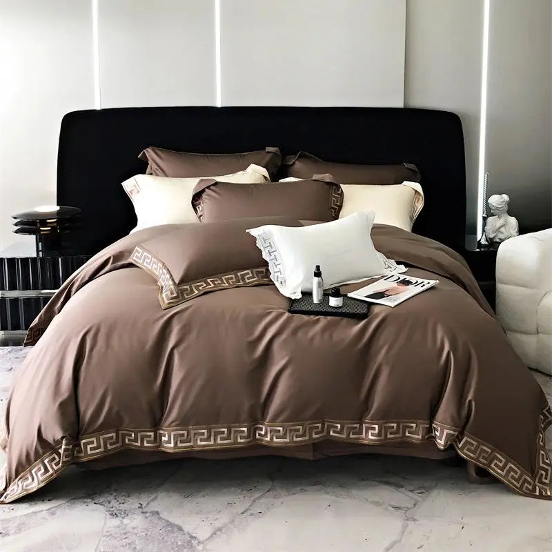 Conjunto de edredón con bordado de oro Decorbites™, Ropa de cama de algodón egipcio negro, 1000TC, Doble Rey Reina
