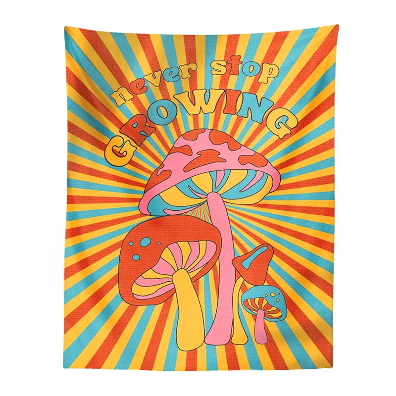 Decobites Mushroom Tapestry Retro Groovy Wall Decor Rainbow Sun Vintage Print