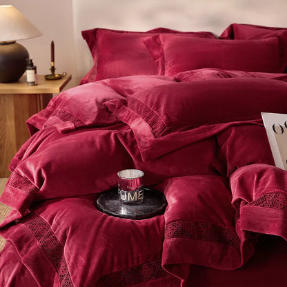 Luxury Gold Velvet Lace Duvet Bedding Set by Decobites, Cozy Furry Winter Collection