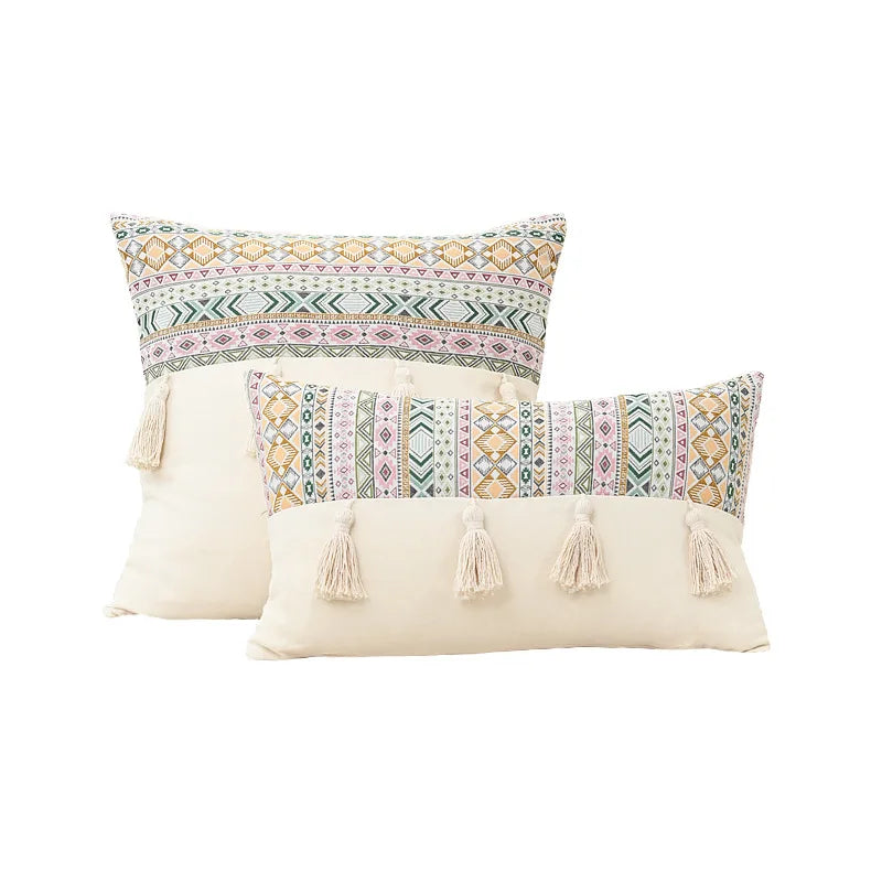 DecorBites™ Handmade Tassel Cushion Cover Retro Jacquard Patchwork Fringed Pillow Cover