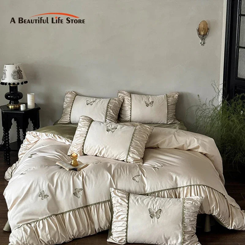 Decobites Butterfly Embroidery 1000TC Egyptian Cotton Bedding Set with Duvet Cover, Sheet, Pillowcases