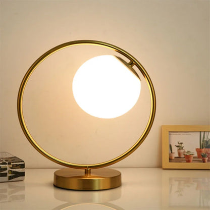 DecorBites™ LED Brass Glass Table Lamp for Bedside Reading Desk - Modern Round Ring Design