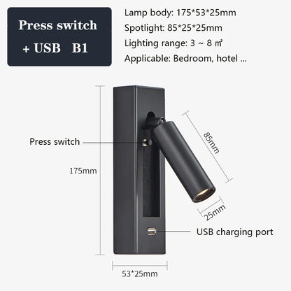 DecorBites™ Black Brass Wall Sconce with USB Port and Switch, 3W Spotlight for Bedroom