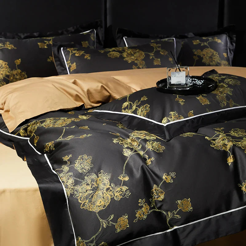 DecorBites™ Gold Flowers Luxury Egyptian Cotton Bedding Set with 1000TC Soft Duvet Cover, Sheets, Pillowcases