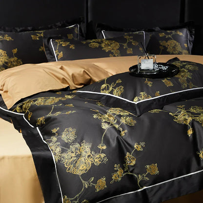 DecorBites™ Gold Flowers Luxury Egyptian Cotton Bedding Set with 1000TC Soft Duvet Cover, Sheets, Pillowcases