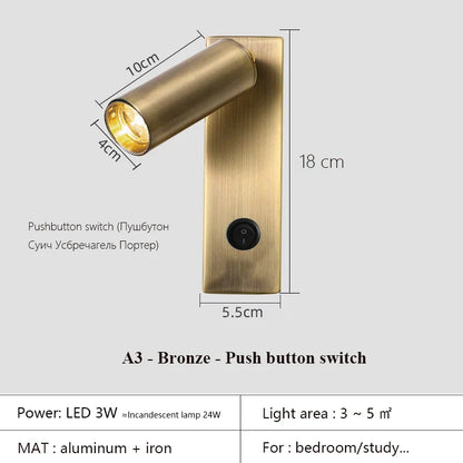 DecorBites™ Black Brass LED Wall Lamp Sconce with Switch and USB Port, 3W Spotlight