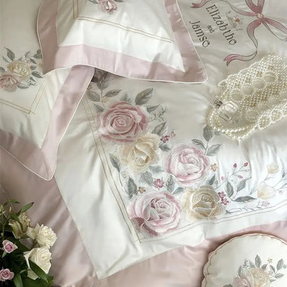 Decobites Peony Flowers Embroidery Princess 1000TC Egyptian Cotton Bedding Set 4Pcs