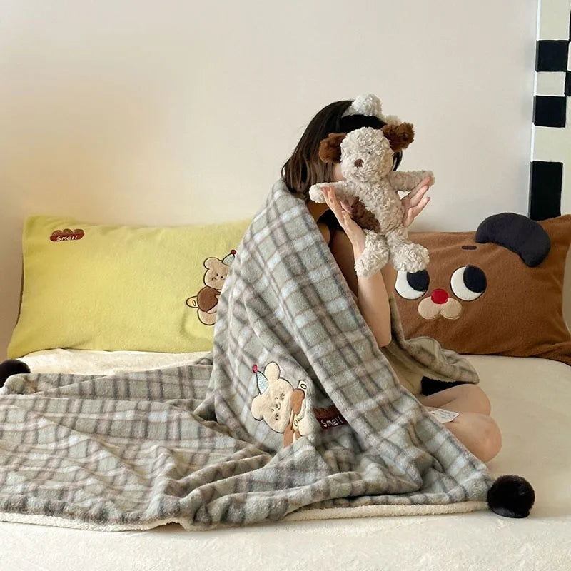 DecorBites™ Cartoon Patch Woolen Blanket with Fur Balls for Single Bed
