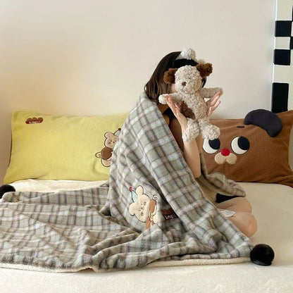 DecorBites™ Cartoon Patch Woolen Blanket with Fur Balls for Single Bed