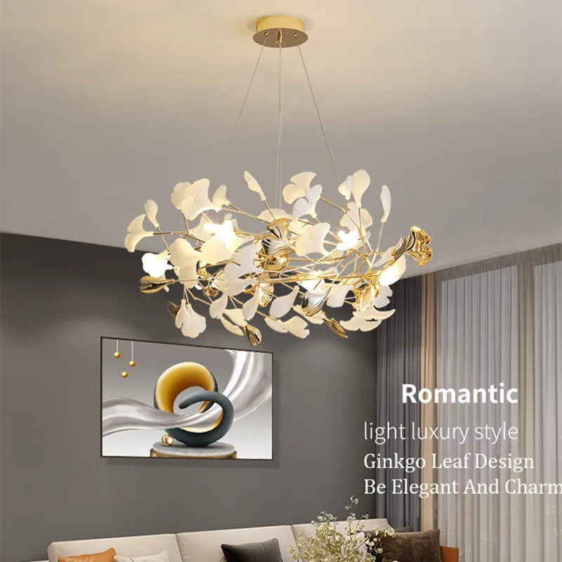 Lámpara colgante de ramas doradas Decorbites™ con hojas de porcelana - Decoración de lujo para sala de estar