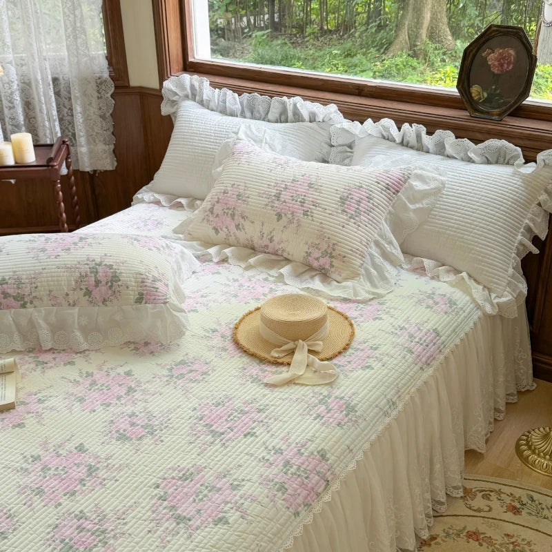 Decobites Lace Ruffles Bed Skirt Set with Pillowcases for 1.2-2M Beds