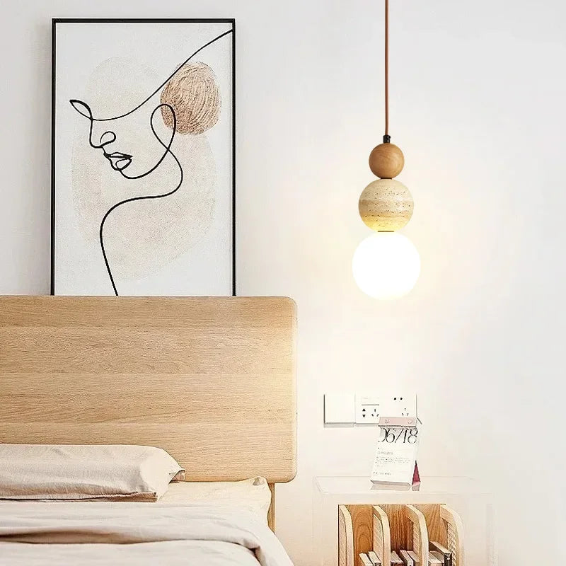 Cream Stone and Wood Bauhaus Pendant Light