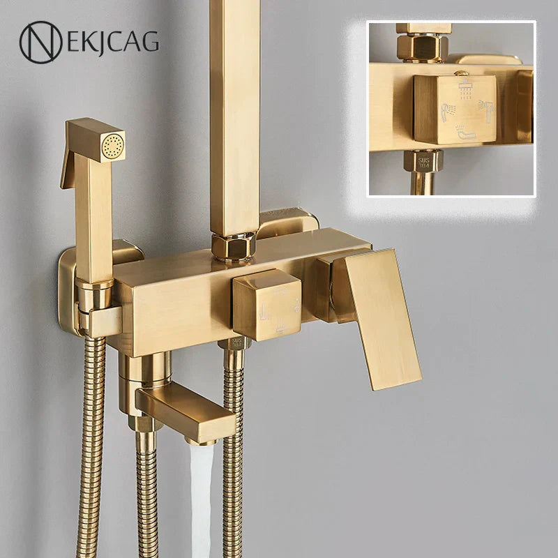 DecorBites™ Brushed Gold Shower Faucet Set: Adjustable Height 4-Function Mixer Bathtub Tap