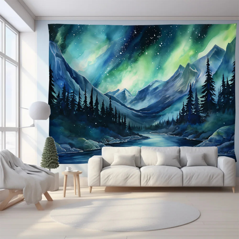 Decobites Green Mountain Tapestry Forest Aurora Series Customizable Hanging Cloth