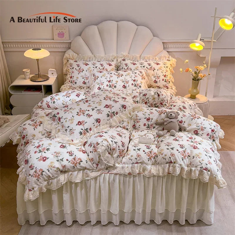 Decobites Princess Lace Ruffles Floral Bedding Set with Duvet Cover and Bed Skirt