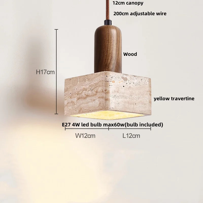 DecorBites™ LED Pendant Lamp Yellow Travertine Stone Wood Nordic Modern Hanging Light