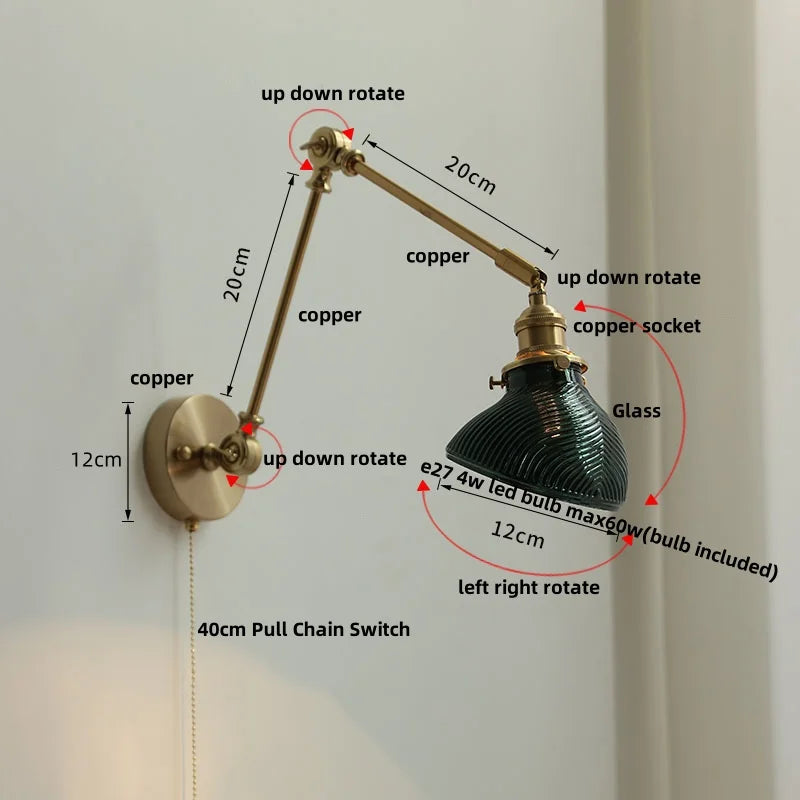 DecorBites™ Brass Swing Arm LED Wall Light Fixture with Rotatable Arms & Pull Chain Switch