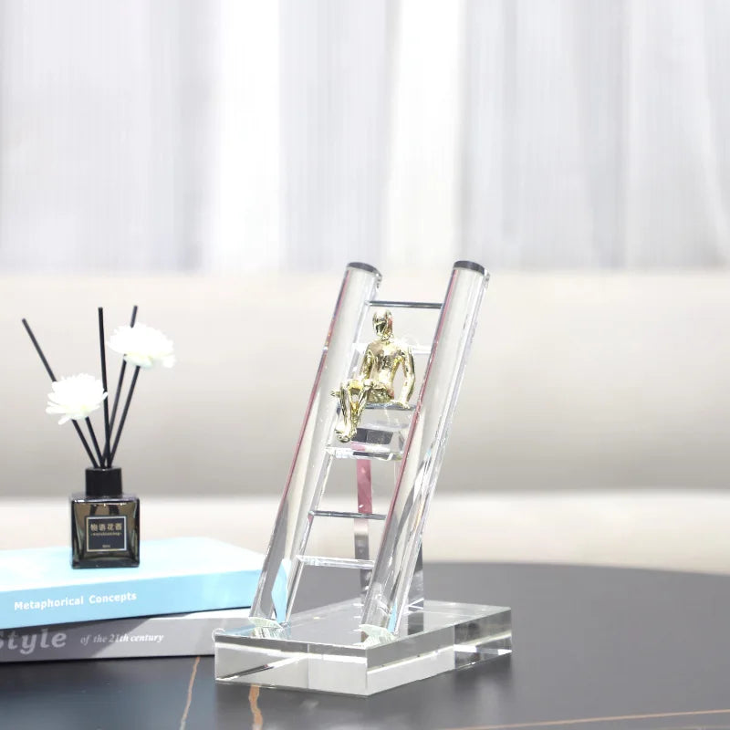 DecorBites™ Crystal Staircase Statue: Golden Man Climbing Handicrafts Glass Home Decor