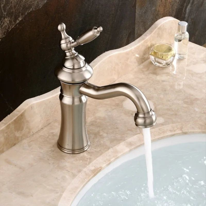 DecorBites™ Brushed Nickel Brass Basin Faucet Swivel Spout Single Handle Hot Cold Mixer