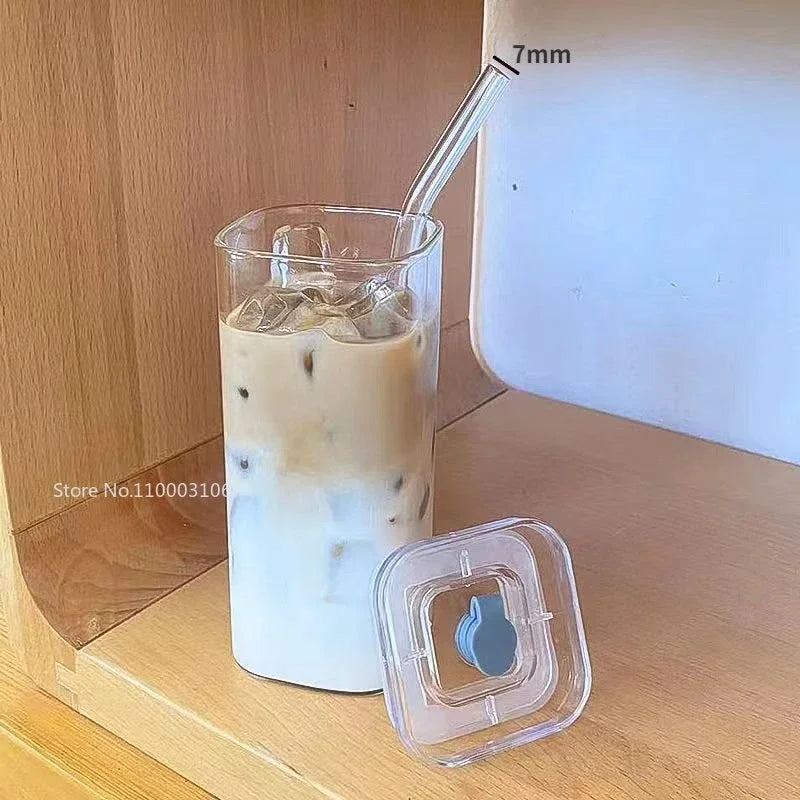 DecorBites™ Heat Resistant Glass Cup with Lid and Straw for Coffee, Milk, Tea, Juice