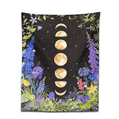 Decobites Moon Phase Purple Plant Star Floral Wall Tapestry