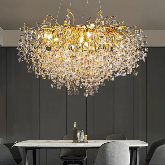 DecorBites™ Gold Crystal Chandelier LED Round Light Island Branch Chandelier