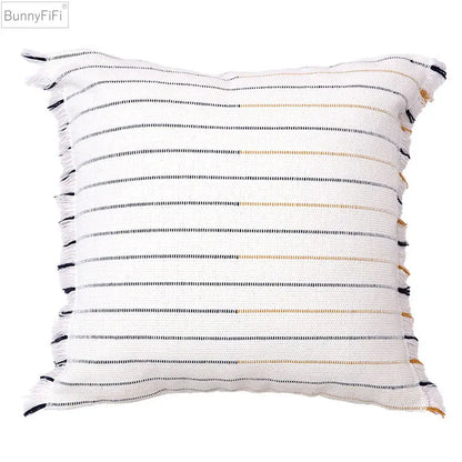 DecorBites™ Handmade Cotton Woven Cushion Tassels - Ivory Black Yellow Stripe Home Decor