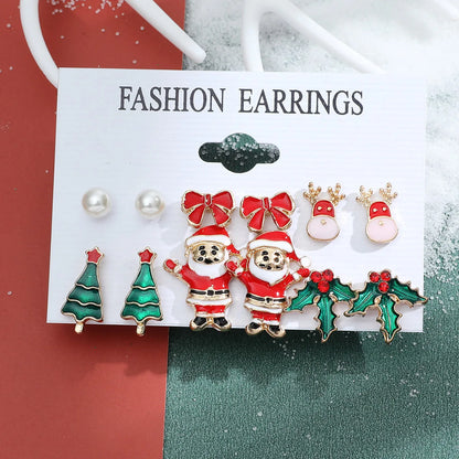 6 pairs/lot Christmas Earrings Xmas Tree Elk Snowman Santa Claus Cute Stud Earrings Set Kit Christmas Gifts For Women Girls Kids