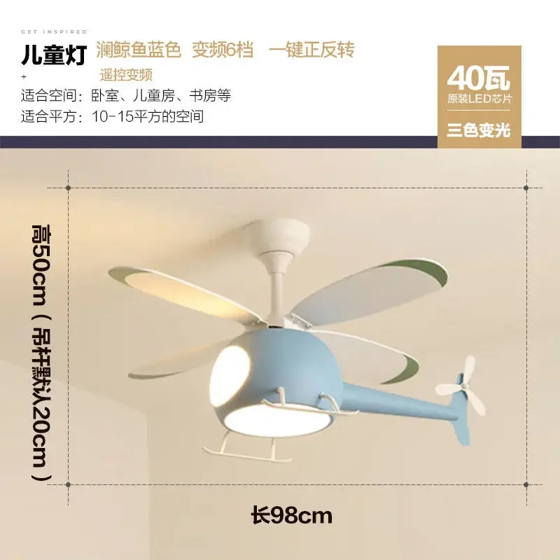 Ventilador de techo infantil DecorBites™ con forma de helicóptero y lámpara de araña con luz LED - Diseño moderno de aeronave