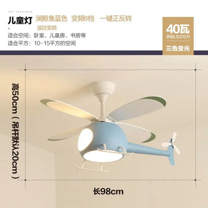 Ventilador de techo infantil DecorBites™ con forma de helicóptero y lámpara de araña con luz LED - Diseño moderno de aeronave