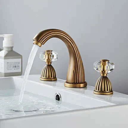 DecorBites™ Gold Crystal Handle Basin Faucet, 3 Hole Widespread Bathroom Sink Tap