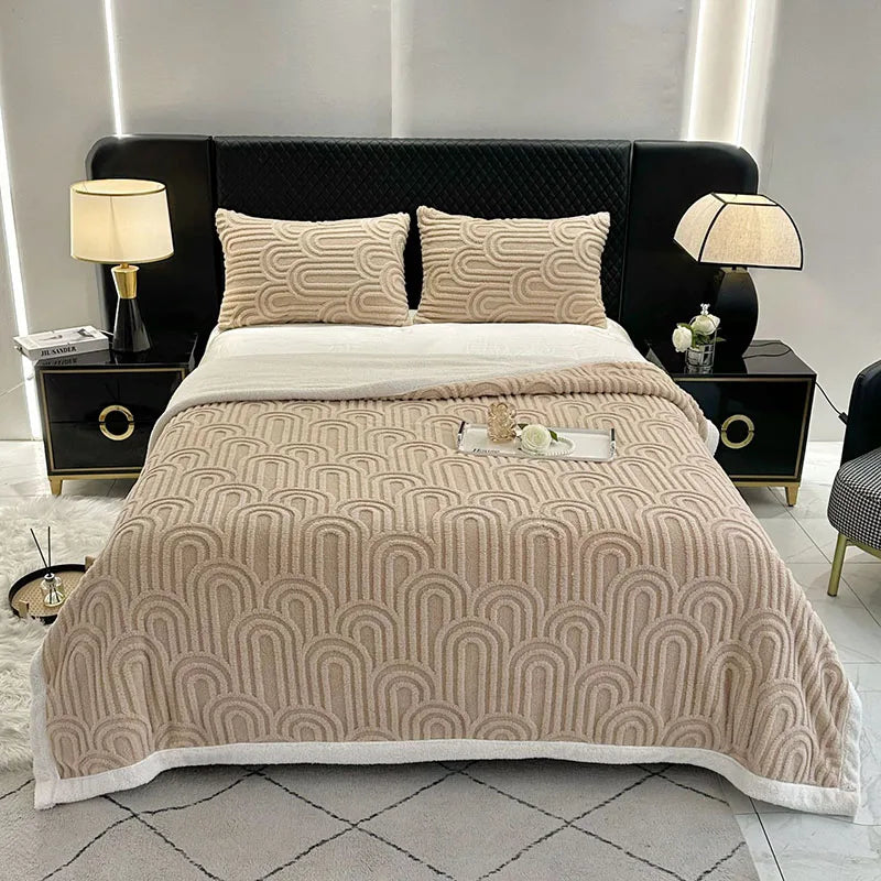 DecorBites™ Double Layered Flannel Arch Jacquard Plush Blanket - Warm & Cozy Coral Fleece Quilt