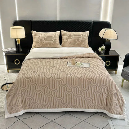 DecorBites™ Double Layered Flannel Arch Jacquard Plush Blanket - Warm & Cozy Coral Fleece Quilt