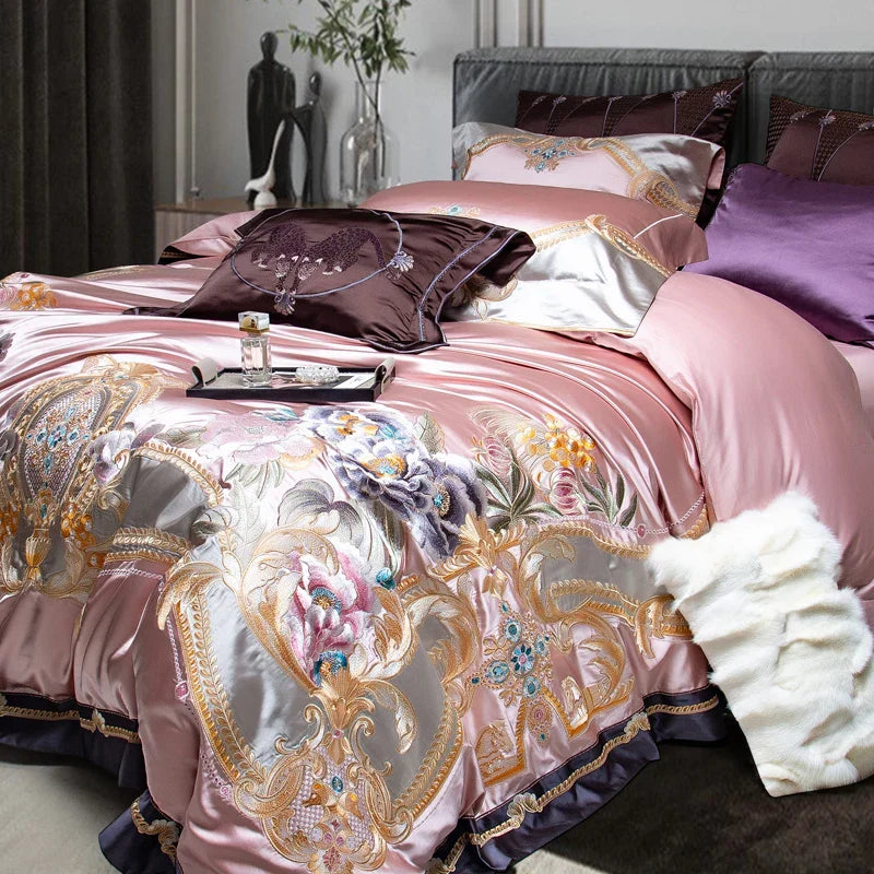 Decobites Pink Purple Embroidery European Palace Bedding Set - 9Pcs Premium Egyptian Cotton