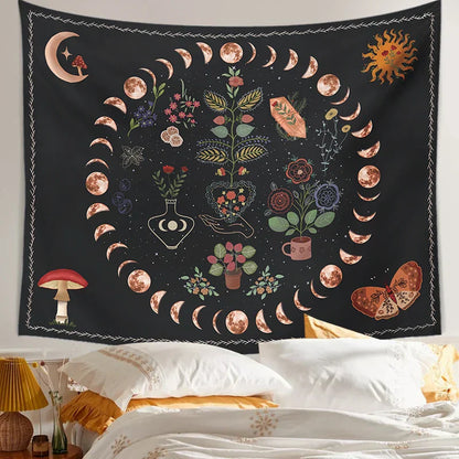 Botanical Celestial Floral Wall Tapestry by Decobites, Moon Phase Hippie Flower Dorm Decor