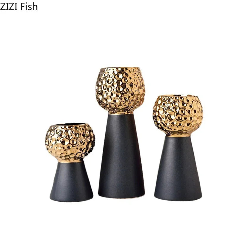 Jarrón de cerámica con patrón de martillo dorado Decorbites™: Maceta creativa para decoración de mesa y arreglo floral