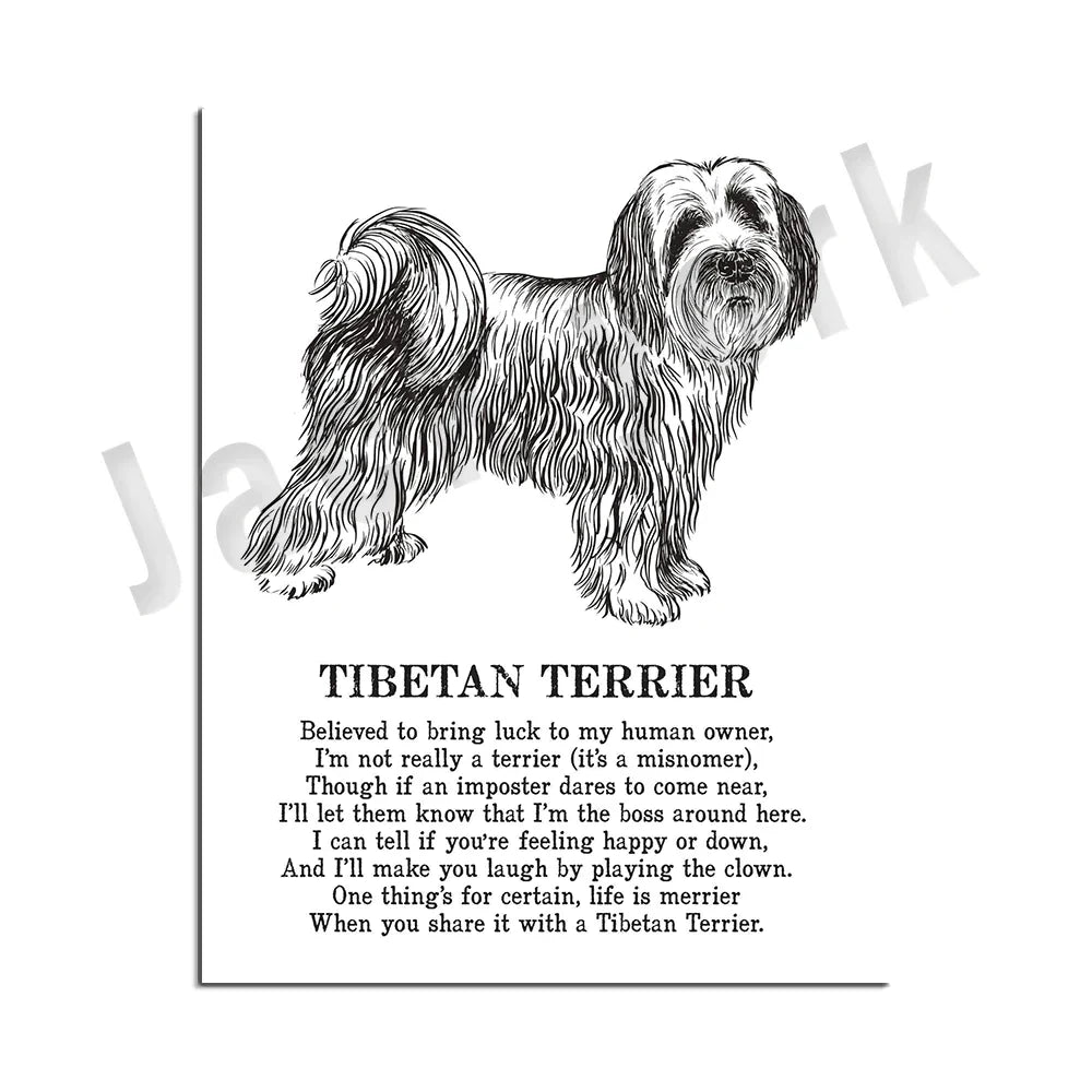 DecorBites™ Cozy Canine Collection: Dog Poetry Poster featuring Lhasa, Sheepdog, Terrier, Bulldog, Tibetan, Yorkie