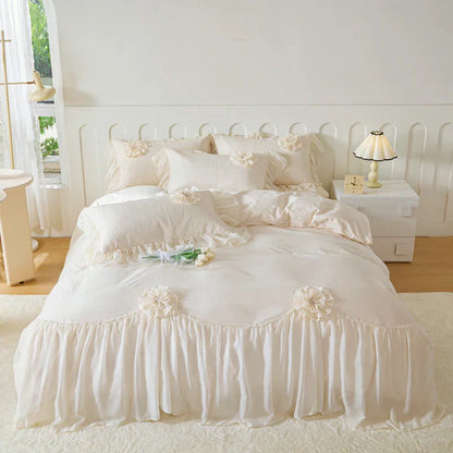 Decobites Princess Style Cotton Bedding Set with Flowers, Lace Ruffles, and Quilted Details