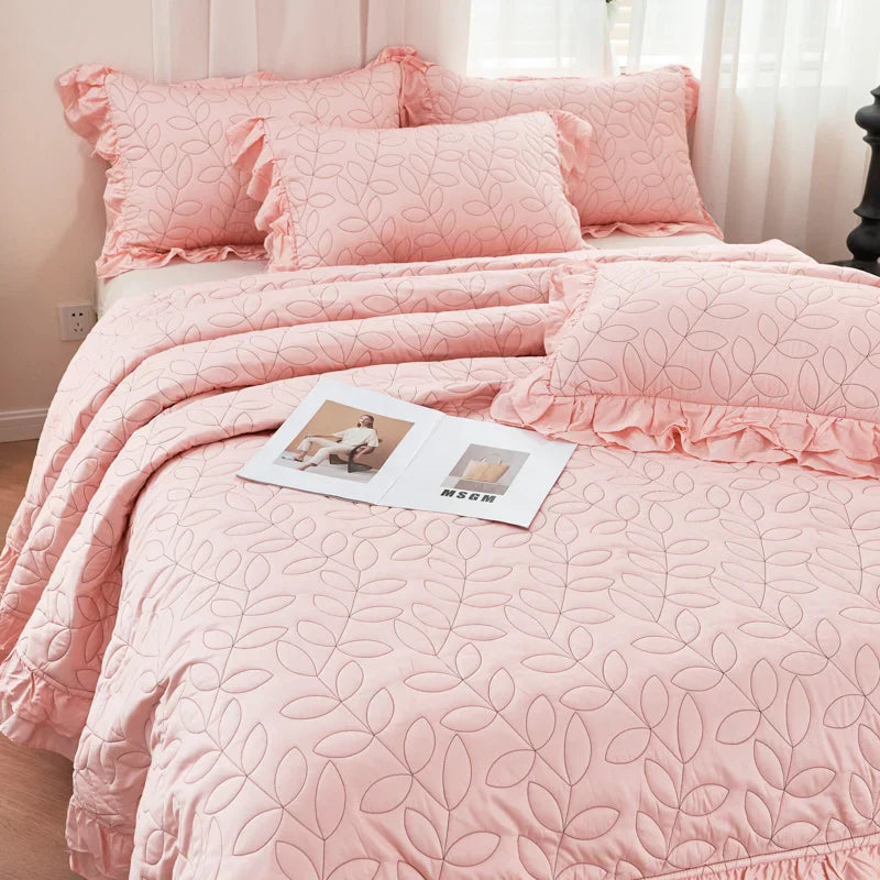 DecorBites™ Leaf Embroidery Double Layer Lace Ruffles Quilt Set with Bedspread & Pillowcases