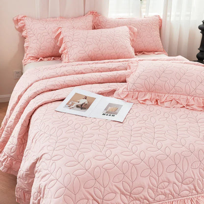 DecorBites™ Leaf Embroidery Double Layer Lace Ruffles Quilt Set with Bedspread & Pillowcases