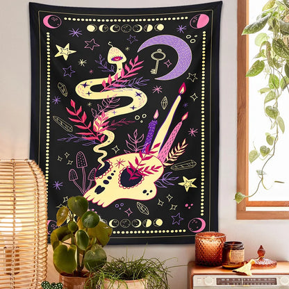 Decobites Tarot Mushroom Tapestry: Witch Hand Snake Moon Phase Botanical Moon Phase Mystery