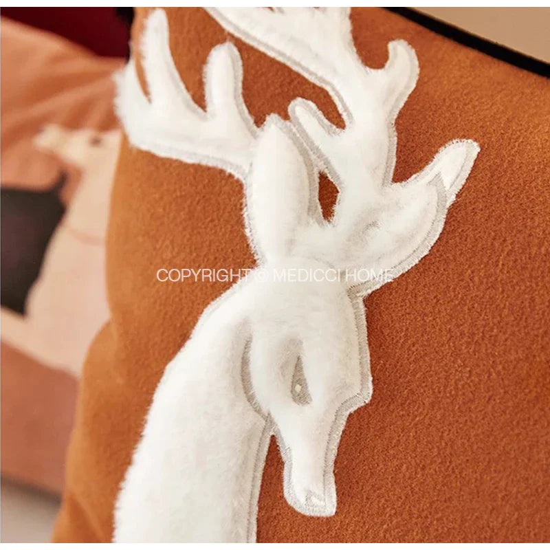 DecorBites™ Handmade Reindeer Applique Embroidery Christmas Cushion Cover - Festive Xmas Holiday Decor