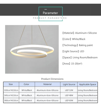 Lámpara Colgante LED Nórdica Diseño Minimalista de Doble Anillo Colores Negro y Blanco Luz Principal para Sala de Estar Dormitorio Comedor Villa